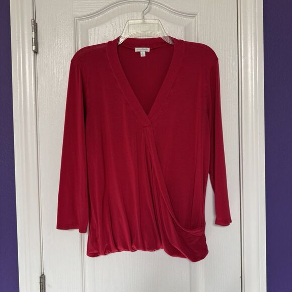 Charming Charlie Red Wrap Blouse 3/4 Sleeve Elastic Waist Top Shirt Size Large - Picture 10 of 11